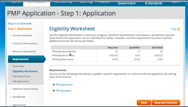 Eligibility worksheet in PMP application form